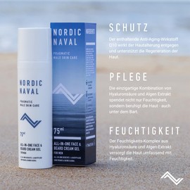 NORDIC NAVAL All-in-One Männer Gesichtscreme, Hautpflege, Bartpflege-Feuchtigkeitscreme für alle Hauttypen, auch trockene Haut mit Hyaluronsäure, Sesamöl und Coenzym Q10, 75ml