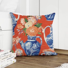 BRUYU5SE Throw Pillow Covers Chinoiserie Monkey Decor Ginger Jar Red Pillowcase Farmhouse Coral Peony Porcelain Pillow Cover Accent Throw Pillow Covers Farmhouse Decorative for Patio Couch 18x18 in