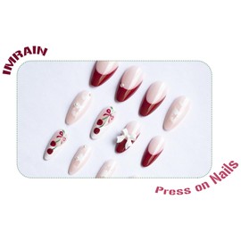 IMRAIN Press on Nails Medium Almond Fake Nails Red White False Nails with Cherry & Bow Design Cute Acrylic Artificial Glue on Nails Full Cover Glossy Stick on Nails for Women 24Pcs