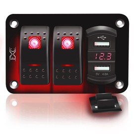 FXC 12V 24V DC 2 Gang Rocker Switch Aluminum Panel with Voltmeter & Dual USB(4.8 A) Fast Charging, Red Backlit Led, Pre-Wired Waterproof for Marine, Boat, Car, Truck, Polaris, Jeep (Red)