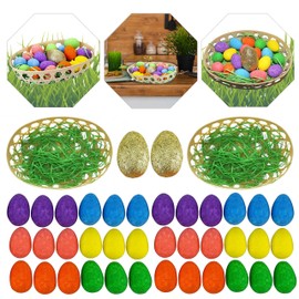 HOVUK 42Pcs Golden Egg Hunt Set with Basket, Plastic Easter Baskets for Kids, Glitter Foam Eggs Craft, Basket Filler Eggs for Home Table Decorations