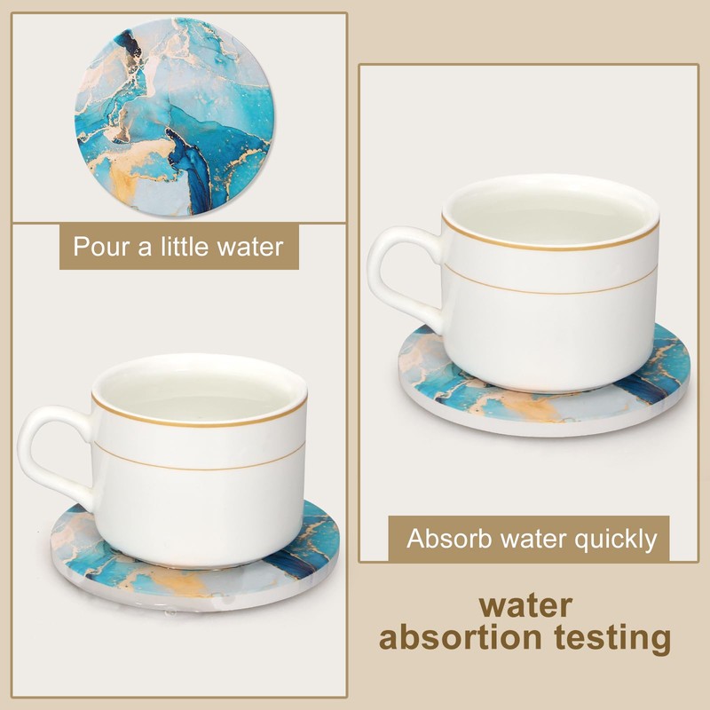 6 Pcs Light Blue Marble Abstract Ceramic Coasters with Holder