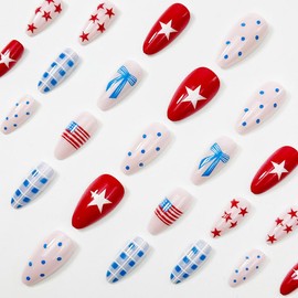4th of July Press on Nails-Medium Almond Fake Nails Red White and Blue False Nails Star Polka Dot Design Independence Day Full Cover Glossy Stick on Nails for Women 24PCS