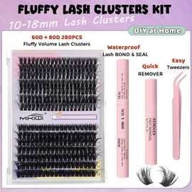 MIKIWI Lash Clusters Kit Fluffy 60D+80D Eyelash Extension Kit 280PCS Wispy Lash Clusters with Waterproof Lash Bond & Seal, Lash Remover, Lash Applicator