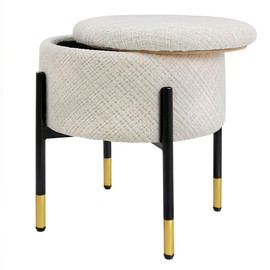 CAROLMADE Round Ottoman with Storage, Velvet Makeup Vanity Stool, Small Ottoman Foot Stool with Coffee Table and Metal Legs for Living Room, Bedroom and Dorm, Beige