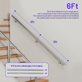 ZALNVEY 6 Ft Industrial Metal Stairs Handrail Kit, Sturdy Wall Mount 304 Stainless Steel Hand Rail, Indoor Outdoor Stair Railing Wood Concrete Brick Wall,1.65 in Round Pipe Grab Bar, Silver