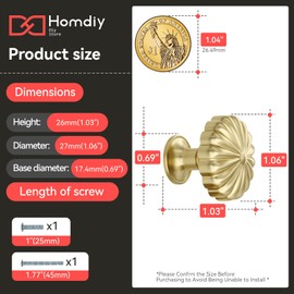 homdiy 10 Pack Gold Cabinet Knobs Brass Dresser Drawer Knobs, Gold Kitchen Cabinet Pulls Round Luxury Cupboard Hardware Zinc Alloy