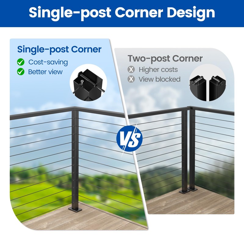 Muzata Black Corner Cable Railing Post 42 Inch 42"x2"x2" T-drilled
