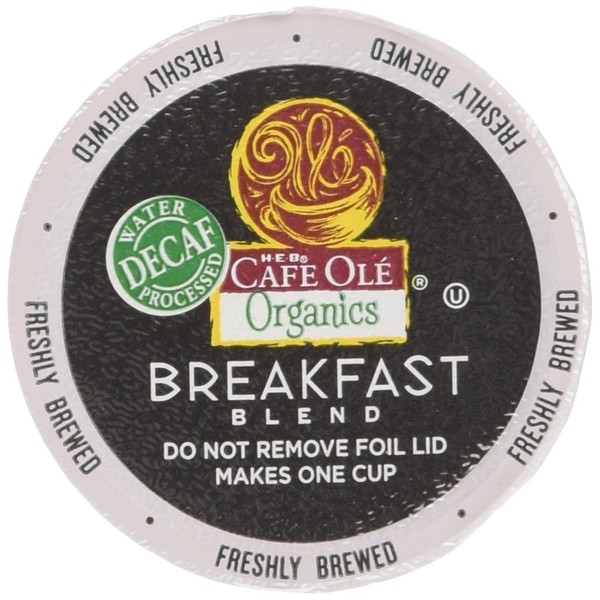 H.E.B. Cafe Ole Organics -Blended Roast: Breakfast Blend (DECAF), one box, 12 Count (single brew)