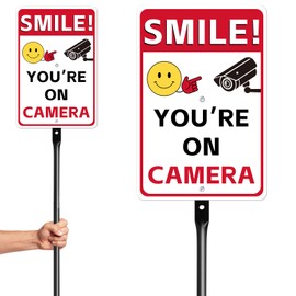 14 X 10 Inches Large Smile You're on Camera Video Surveillance Metal Aluminum Sign with 36 inches Heavy Duty Steel Stake for Home, Yard, Driveway Alert, 2 pre-drilled holes, Includes Matching Screws & Wrench
