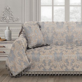 Loom and Mill Luxury Sofa Covers, Classic Damask Jacquard Thick Chenille Couch Cover Furniture Protector with Lace Edge and Handmade Tassels for Pet, Dogs and Cats (Grey, 71x118 inch)