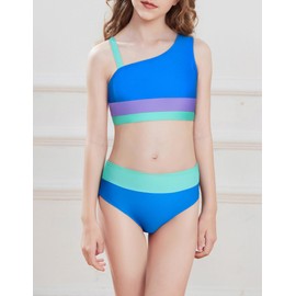 GRACE KARIN Teen Girls Swimsuits 3-Piece Bikini Set Adjustable Shoulder Straps Kids Summer Beach Sport Swimwear with Cover Up Skirt Blue Size 5-6Y