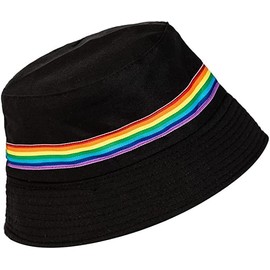 ARG Unisex Cotton Bucket hat Summer Travel Festival Sun Fisherman Hats Reversible (Black Rainbow Stripe)