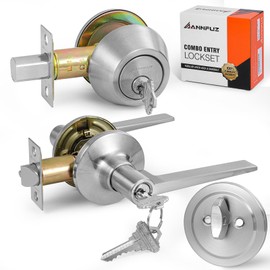 ANNFUZ Keyed Alike(Same Keys) Front Door Lever Knob with Single Cylinder Deadbolt Combo Lockset, Entry Door Handle with Lock & Key, Round Locking Deadbolt,for Interior Bedroom (Brushed Nickel)