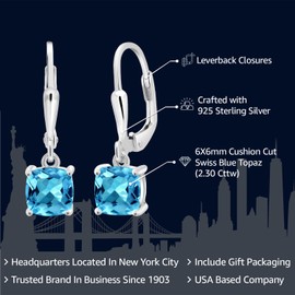 Gem Stone King 925 Sterling Silver Swiss Blue Topaz Dangle Earrings For Women (2.30 Cttw, Gemstone November Birthstone, Cushion 6MM)