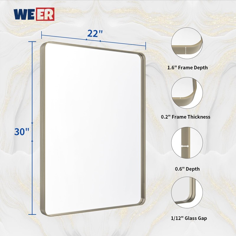 WEER 22X30 Inch Brushed Nickel Bathroom Mirror, Brushed Silver Metal