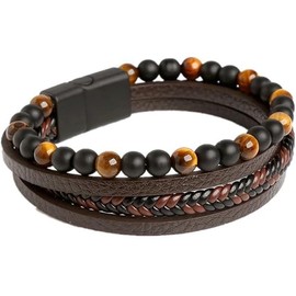 Mens Tiger Eye Black Obsidian Lava Rock Lapis Lazuli Stone Beaded Bracelet,Wrap Braided Leather Cuff Bangle Bracelet for Men,Stainless Steel Clasp (19cm)