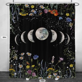 EOVDSFW Moon Witchy Shower Curtain for Bathroom Set Celestial Gothic Space Goth Star Black Flower Floral Colorful Bath Curtain 72 x 84 Inch Decorative Polyester Fabric Cloth Waterproof Decor