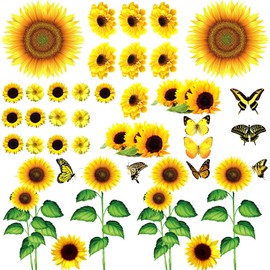 Outus 44pcs Sunflower Wall Stickers Vinyl Decals Yellow Daisy Flower with Butterfly Sunflower Decor for Bathroom Kitchen Living Room Car Waterproof and Removable Decorations