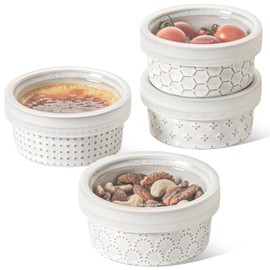 LE TAUCI Ramekins with Lids, 4 oz Ramikin Set for Creme brulee, Souffle, Dipping Sauces, Ceramic Food Storage Containers Great for leftovers - 3.8 inch, Set of 4, Arctic White