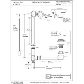 Westbrass D324-07 22-1/2" Bath Waste & Overflow Assembly with Trip Lever and Beehive Strainer Grid Drain, 1-Pack, Satin Nickel