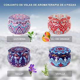DQST Velas Aromaticas en 4 Latas, Cera de Soja 100 % Pura(Por Lata 2.2 Onzas), Aromaterapia，Alivio Del Estrés y Relajación, Adecuado para Yoga, Medita