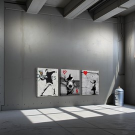 vbojhre Banksy Flower Thrower Grafitti Grey Home Office Wall Art Poker Cards Illustrations Girl with Red Balloon Pop Artwork for Living Room Bedroom Wall Decor Frame 12x16inch 3 Pieces