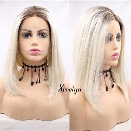 Xiweiya Short Bob Wig Ombre Platinum White with Blonde Brown Roots Middle Part Heat Resistant Synthetic Lace Front Wigs For Women Dark Root Blonde Short Haircut Hand Tied Replacement Full Wig