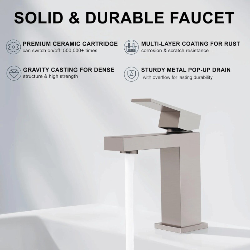 Solid Brass Single Handle Bathroom Faucet Modern Square Design Heavy