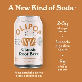 OLIPOP Prebiotic Soda Pop, Classic Root Beer, A New Kind of Soda Packed with Prebiotics, Fiber, and Botanicals, Gluten Free, Vegan, GMO Free, 12oz (12-Cans)
