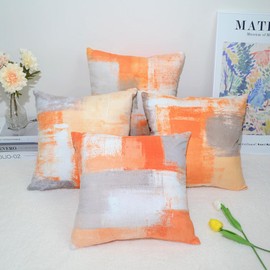 QUALKNOY Set of 4 Velvet Orange Cushion Covers 45x45 cm, Abstract Art Modern Decorative Throw Pillow Cases 18x18 inches for Living Room Sofa Garden Outdoor Courtyard Decor Pillowcases
