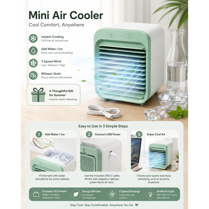 Portable Personal Air Cooler for Desk – 3-Speed Evaporative Fan
