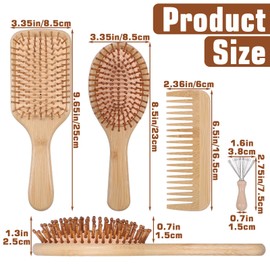 8pcs Bamboo Hair Brush Set, Wooden Brush & Comb Kit with 2 Cleaners - Natural Wooden Hair Brush for All Hair Types, Bamboo Brush for Detangling, Anti-Static Scalp Massage