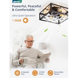 LEDIARY Caged Flush Mount Ceiling Fans with Lights and Remote, Black Square Rustic Low Profile Ceiling Fan, 6 Speed and Reversible, Small Farmhouse Bladeless Ceiling Fan for Bedroom, Kitchen, Indoor