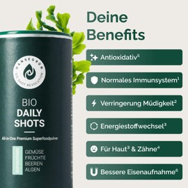 Hansegrün - Bio Daily All-in-One Shots (Pack of 60) - Superfood Powder for Immune System¹, Anti-Fatigue², Skin & Teeth ⁴ - Antioxidant Effect⁵ - 100% Real Ingredients for Quick Preparation