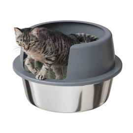 Booche Round High-Sided Stainless Steel Cat Litter Box,Stainless Steel Litter Box with Lid,Extra Large Box,Easy-to-Clean Metal Litter Pan for Cats