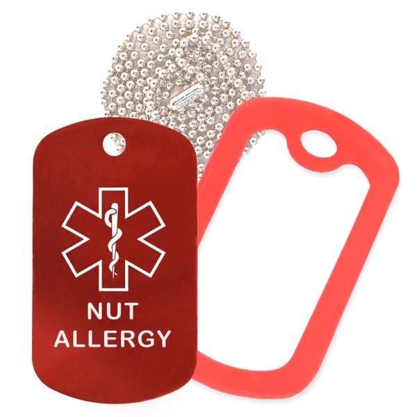 Nut Allergy Medical Alert ID Necklace with Red Tag, Red Silencer, and 30'' USA Chain - 154 Color Choices