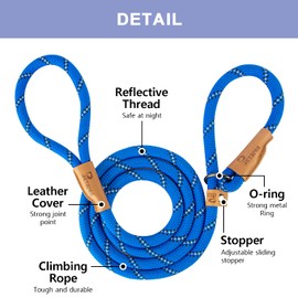 Petarea Petarea 5 FT Slip Lead Dog Leash, Heavy Duty Rope Leash for Small Medium Large Dogs, No Pull Training Lead with Reflective Thread, Strong Comfortable Loop Leash (Blue Stripe, Medium(3/8"))