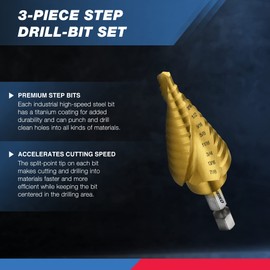 NEIKO NEIKO 10181A Step Drill Bit Set, 3 Piece, Spiral Grooved for Faster Drilling, Step Bits for Stainless Steel, Metal, Wood, Plastic, Unibit Cone Drill Bits with 31 Step Sizes Total