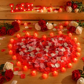 Honoson 1000 Pieces Artificial Rose Petals with 24 Pcs Flameless Heart Shaped LED Tealights Candles Romantic Night Decorations for Wedding Anniversary Table Decor(White with Red)