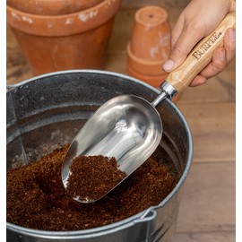 Burpee 15" Stainless Steel Soil Scoop | Durable Long Lasting Garden Tool | Leather Wrist Strap 5" Handle, Oak