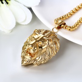 JewelryWe men’s stainless steel necklace with lions head biker pendant, 55-cm chain, gift, Stainless Steel, Gold