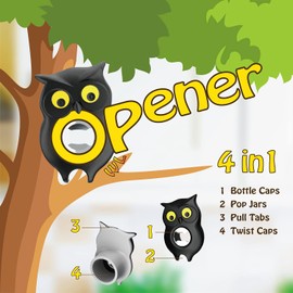 Multi Bottle Opener for Twist-off Type Caps, 4 in 1 Cute Fun Owl Water Bottle Opener for Children, Beer Bottle Opener Soda Can Opener Manual Jar Opener for Weak Hands (Black)