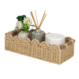 CubesLand Scalloped Edge Toilet Paper Storage Basket, Living Room Home Cozy Decor Basket, Paper Rope Small Baskets for Over Toilet Storage Shelf, End Table, Shelves, with 2 Wooden Handles, Beige