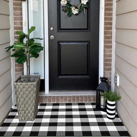 HOYIJA Buffalo Plaid Check Outdoor Rug 3' x 5' Black and White Checkered Rug,Retro Cotton Hand-Woven Washble Indoor/Outdoor Decor Area Rugs for Welcome Door Mat/Front Porch/Entryway/Kitchen