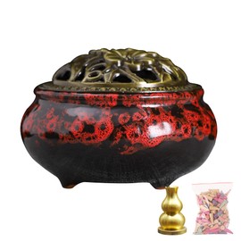 Ceramic Incense Burner with Lid, Bowl Burner， Cone Incense Burner, Ceramic Censer Suitable for Incense/Cone/Coil/Sticks, There are 30 Incense Cones+ Metal Incense Holder+Fireproof Cotton Inside.