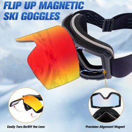 Flip Up Ski Snowboard Goggles for Men Women, Anti-Fog UV Protection Frameless Snow Glasses, Magnetic Interchangeable Lens (Black_Frame+Red_Lens)