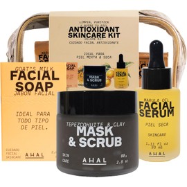 AHAL Kit Facial Antioxidante de Skincare y Cuidado de la Piel Jabón Facial, Mascarilla Facial y Suero Facial para Piel Seca y Normal