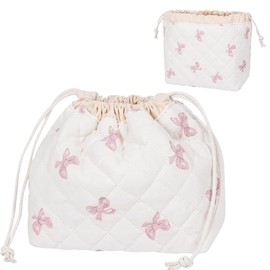 Lyssiatina Drawstring Cotton Quilted Makeup Bag，Coquette Cute Travel Toiletry Organizer with Canvas Lining，Aesthetic Cosmetic Pouch for Women & Girls（Hollow Butterfly）