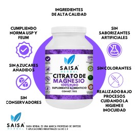 Citrato De Magnesio 1 kg  Suplemento Alimenticio  Sin Sabor Saisa Herbal  100 Puro  Sin Azucar, Conservadores, Saborizantes  Energa, Vitalidad, Ayuda 